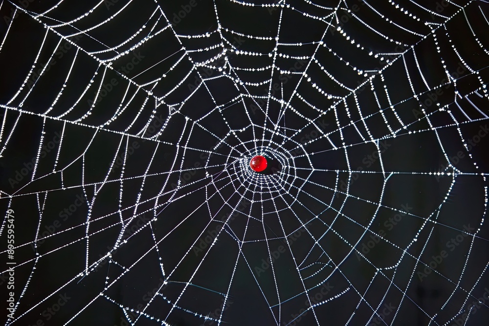 Fototapeta premium Ethereal Spider Web with Red Gemstone Eye on Black Background