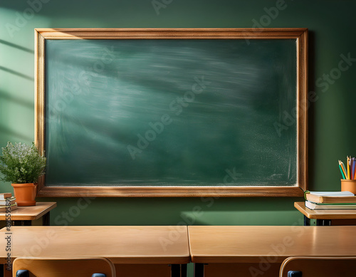 blank classic green chalkboard in a school classroom with subtle chalk dust, focusing on the timeless and serene learning environment