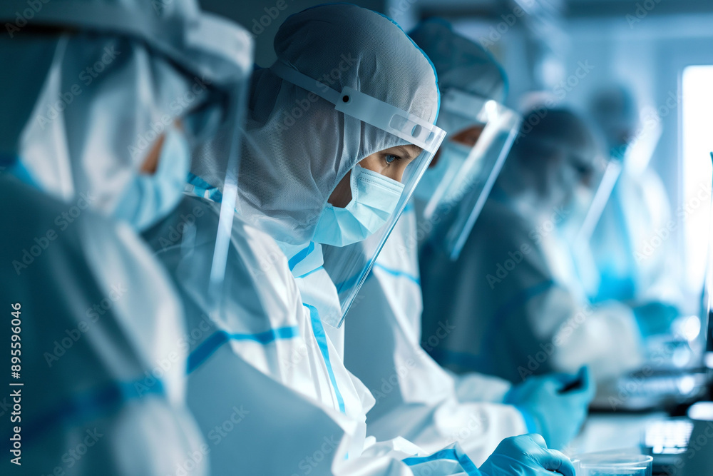 Medical Researchers in Protective Gear Working in High-Security Laboratory Medical Researchers in Protective Gear Working in High-Security Laboratory