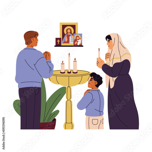 Orthodox religion. Christian family prays in church. Religious parents and kid light candle to icon, recite prayers to God, Jesus. People with belief, faith. Flat isolated vector illustration on white