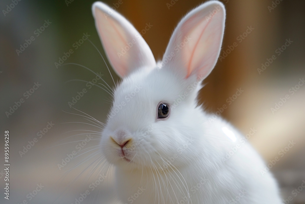 Fluffy White Bunny with Pink Ears: Adorable Animal Portrait Fluffy White Bunny with Pink Ears: Adorable Animal Portrait