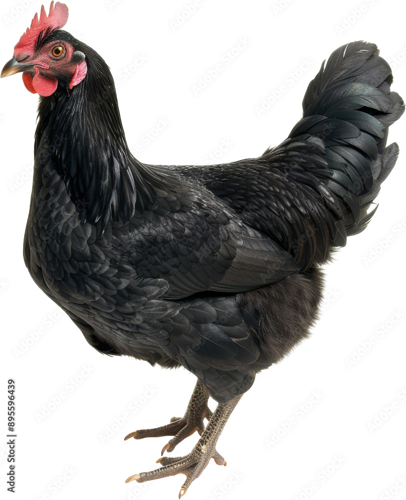 Fototapeta premium Elegant Black Rooster Striking a Proud Pose in Isolation, transparent background