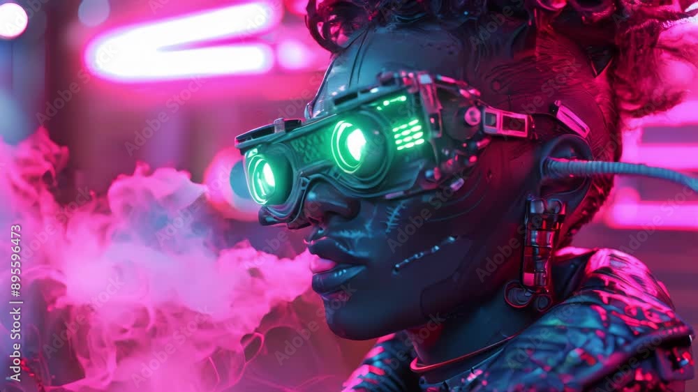 Cyberpunk Character with Futuristic Goggles and Neon Pink Vapor in Dark Urban Setting Cyberpunk Character with Futuristic Goggles and Neon Pink Vapor in Dark Urban Setting