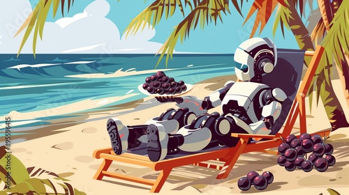 old-fashioned robot eating black grapes lying on a beach chair on the beach next to the chair there is a plate of grapes the robot is holding a bunch of grapes in his hand vector style photo