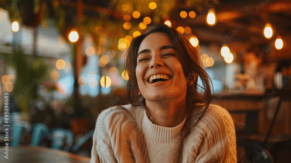 Woman laughing with closed eyes in cozy café Woman laughing with closed eyes in cozy café
