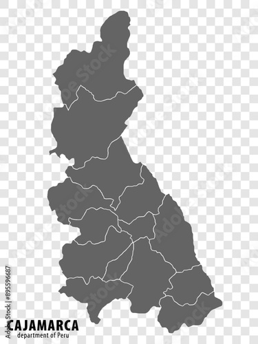 Blank map Department Cajamarca of Peru. High quality map Department  of Cajamarca with districts on transparent background for your web site design, logo, app, UI.  Republic of Peru.  EPS10.