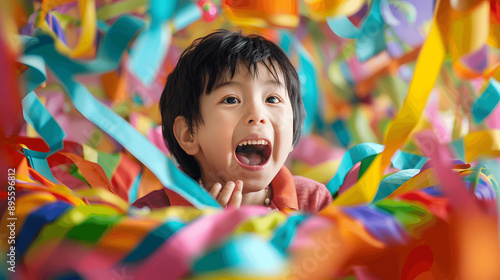 Child with thrilled expression opening gift surrounded by wrapping paper