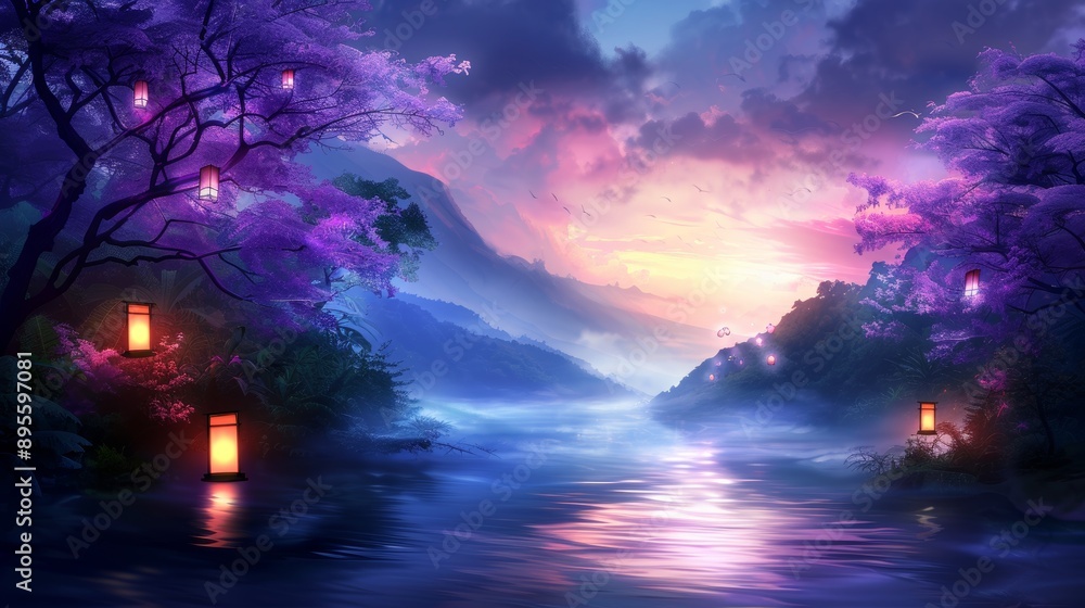 Fantasy landscape of a spellbound valley, covered in magical mist, luminescent flora, and a serene river with floating lanterns, creating a dreamy atmosphere Fantasy landscape of a spellbound valley, covered in magical mist, luminescent flora, and a serene river with floating lanterns, creating a dreamy atmosphere