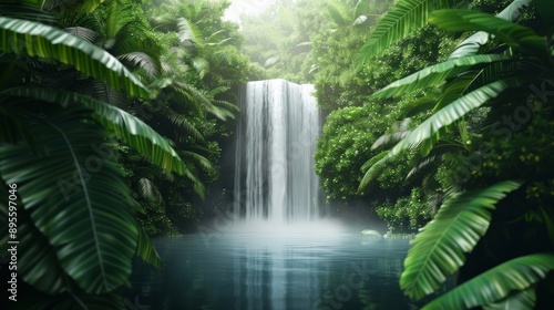 Untamed wilderness of a dense forest, vibrant green canopy with rugged underbrush, hidden waterfall cascading into a pristine pool, magical misty atmosphere