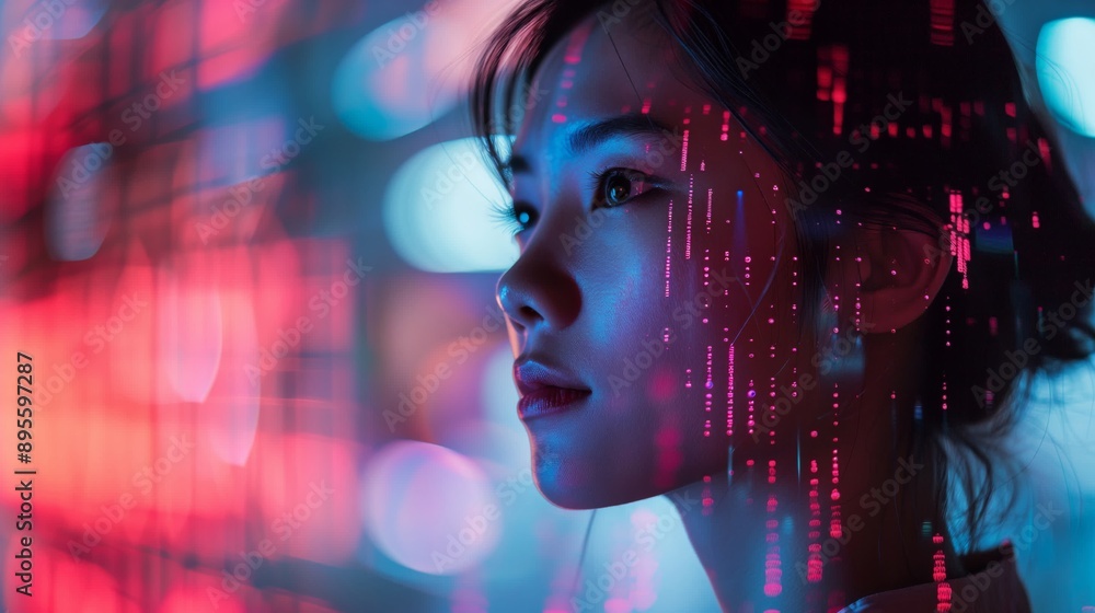 Digitalized human face overlaid with cybernetic patterns implying concepts of identity in the digital age Digitalized human face overlaid with cybernetic patterns implying concepts of identity in the digital age