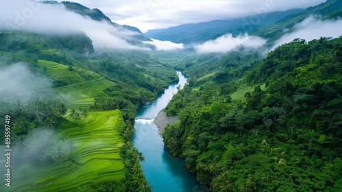 Enchanted river flowing through a foggy, verdant valley, surrounded by lush greenery, with a dreamy and tranquil ambiance, the scene feels almost otherworldly