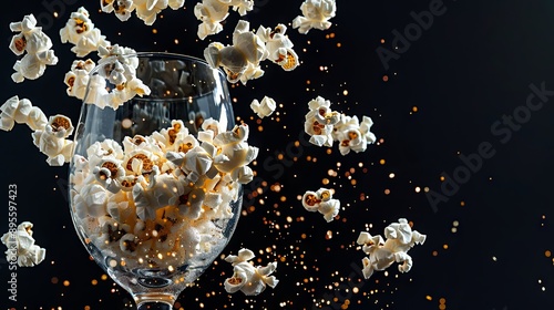 A subtle horizontal image depicts popcorn spilling from a large wine glass against a black background, featuring clear space at the top for text or design. Copy space image