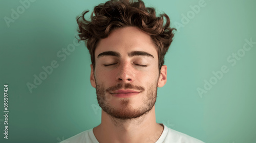 Good-looking man with serene and calm expression and closed eyes