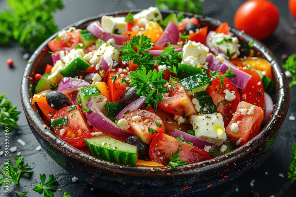A bowl of colorful Greek salad made with fresh tomatoes, cucumbers, red onions, olives, and feta cheese, garnished with parsley, perfect for a nutritious meal. A bowl of colorful Greek salad made with fresh tomatoes, cucumbers, red onions, olives, and feta cheese, garnished with parsley, perfect for a nutritious meal.