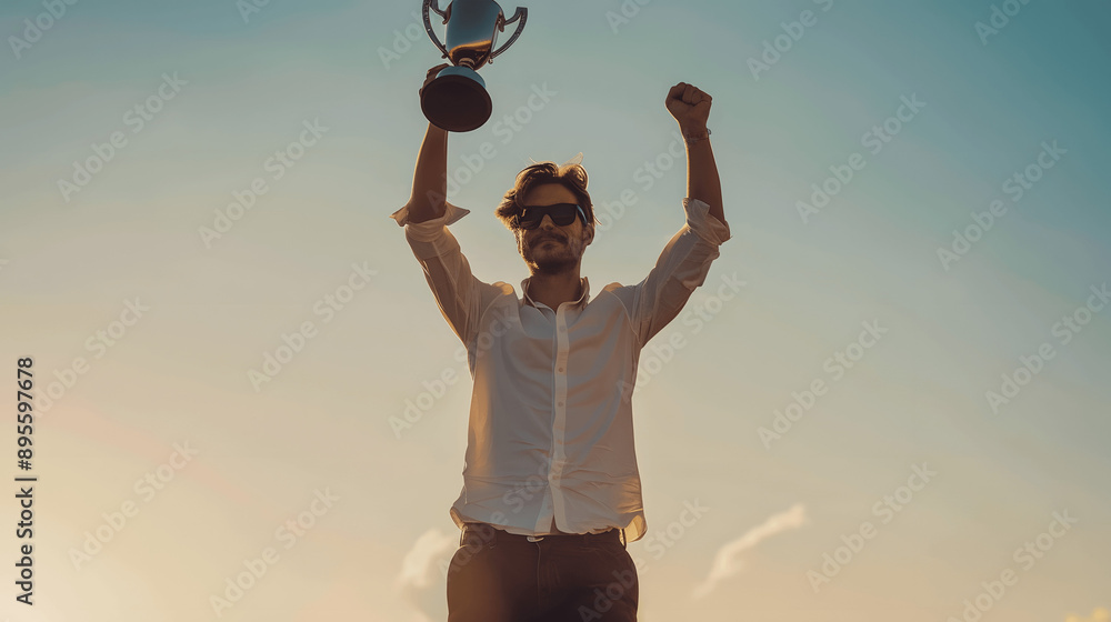 Naklejka premium Man with look of accomplishment holding trophy on podium with clear sky