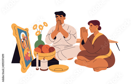 Hinduism religion. Indians sit on the floor, prays. Religious people recite prayers to Durga Puja. Hindus' belief, faith. Indian sacred ritual. Flat isolated vector illustration on white background
