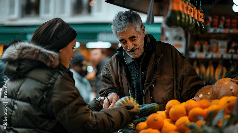 Man with empathetic smile helping elderly person with groceries Man with empathetic smile helping elderly person with groceries