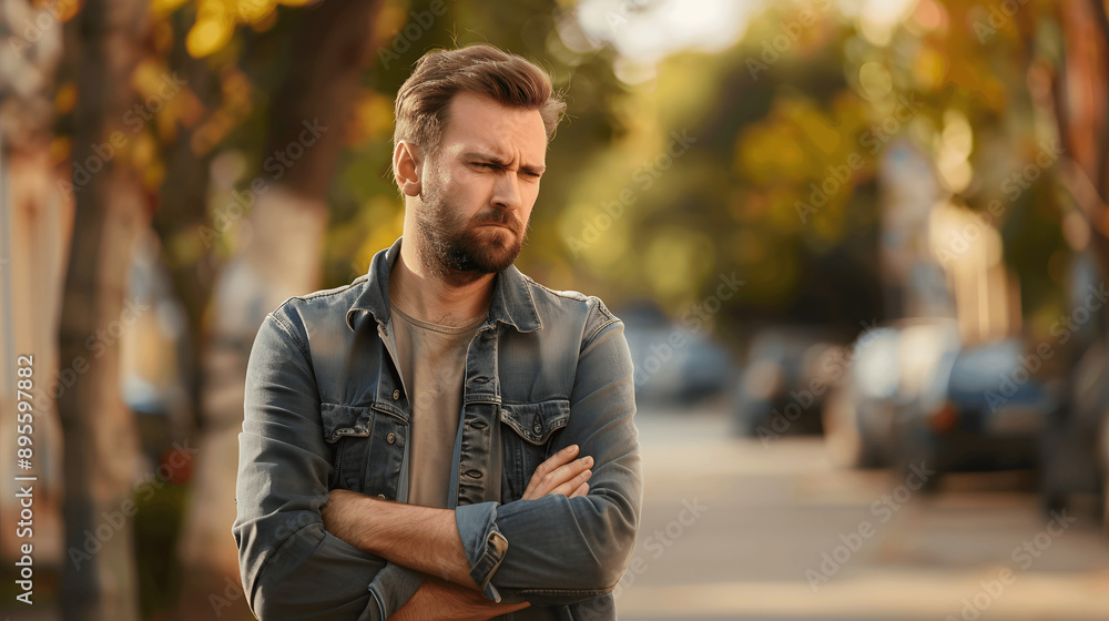 Man with expression of contempt crossing arms and looking away outdoors Man with expression of contempt crossing arms and looking away outdoors