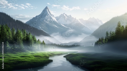 Wallpaper Mural Enchanted forest scene with a tranquil river, vibrant meadow, softly rolling hills, and imposing mountains, all covered in a magical, translucent mist Torontodigital.ca