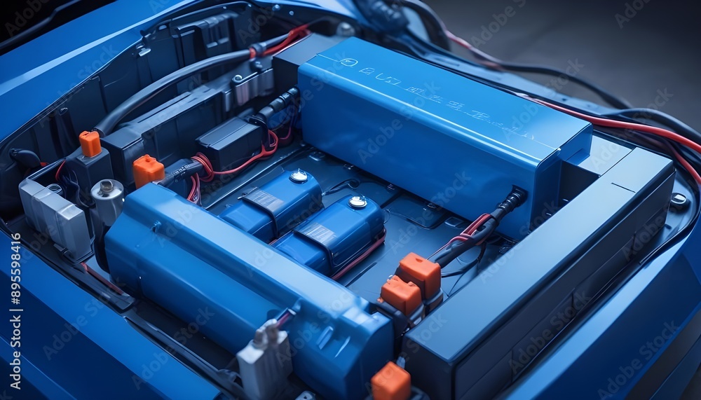 An electric car lithium battery pack is illustrated with power connections, showcasing the core of modern automotive technology in a vibrant blue tone An electric car lithium battery pack is illustrated with power connections, showcasing the core of modern automotive technology in a vibrant blue tone
