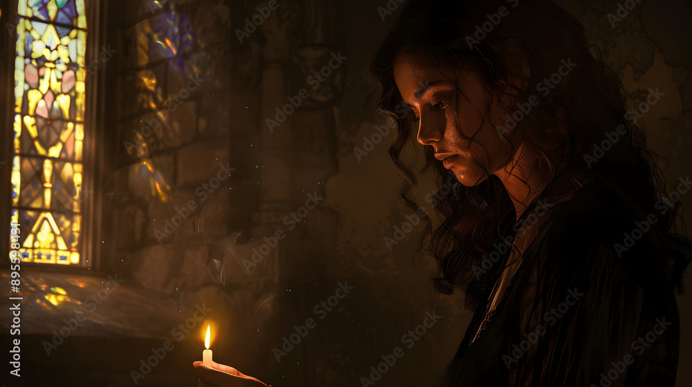Woman with sorrowful expression lighting candle in dimly lit church Woman with sorrowful expression lighting candle in dimly lit church