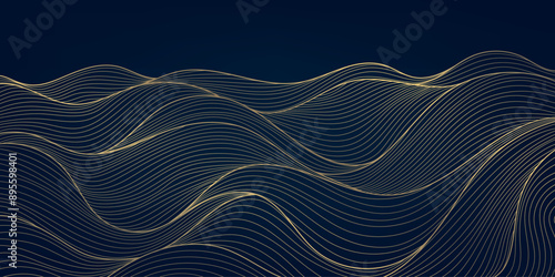 Vector wave japanese background, line sea, ocean gold on blue pattern. Flow water curve graphic, luxury asian water illustration.
