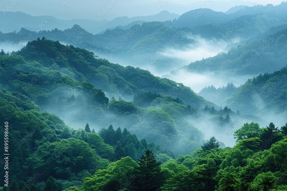 Misty mountain landscape with rolling hills. Perfect for travel, nature, and environmental projects. Misty mountain landscape with rolling hills. Perfect for travel, nature, and environmental projects.