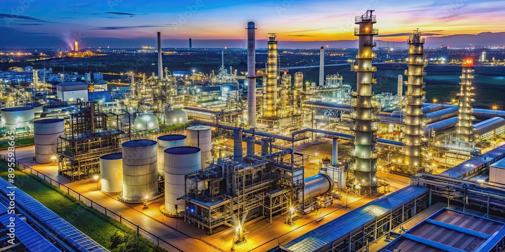 Aerial view of an industrial refinery with chemical processing towers and pipelines at night , industrial Aerial view of an industrial refinery with chemical processing towers and pipelines at night , industrial