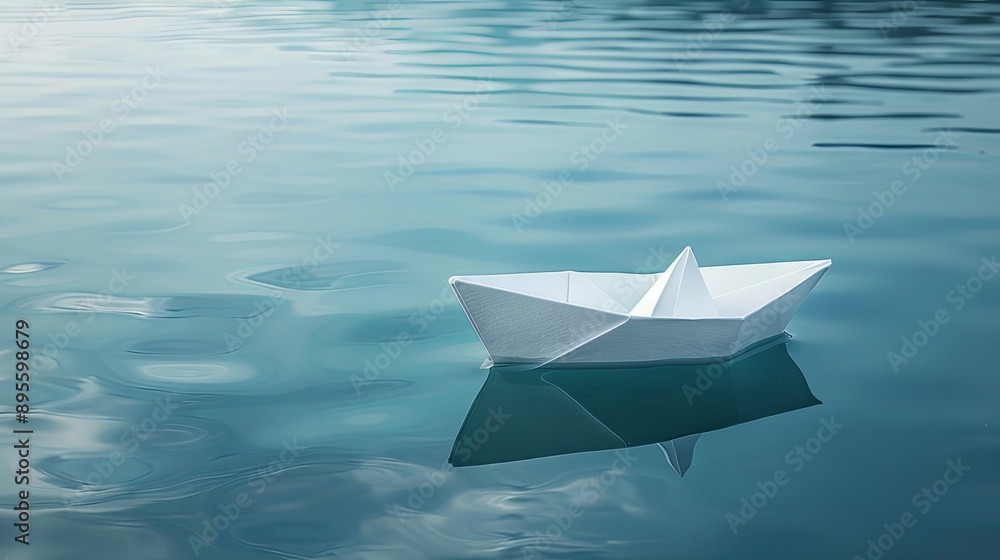 A white paper boat floating on the serene blue waters of a lake, creating a peaceful and calming copy space image A white paper boat floating on the serene blue waters of a lake, creating a peaceful and calming copy space image