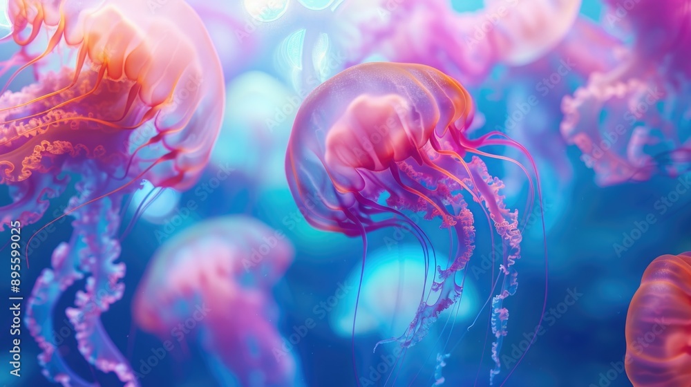 Naklejka premium Jellyfish glow with colorful lights, hyperrealism, pattern, banner, place for text