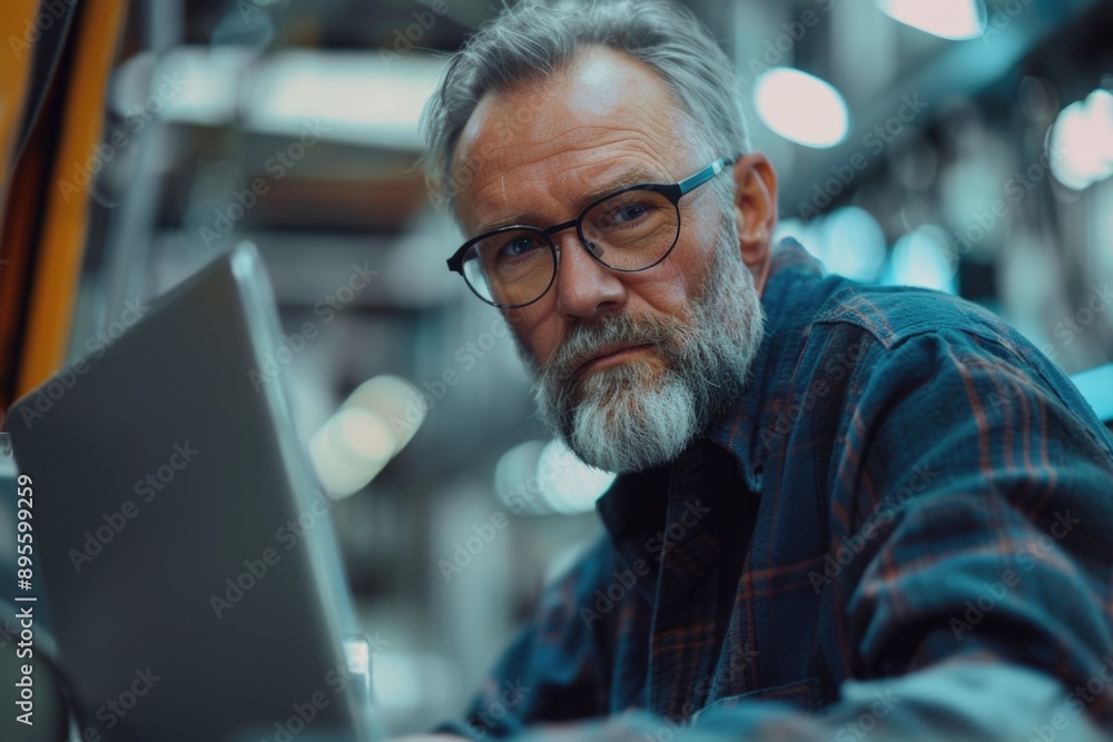 Man with glasses and beard on laptop