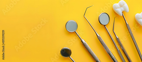 Top view of dental tools on a yellow background, conveying the concept of teeth care and dental health, with copy space image.