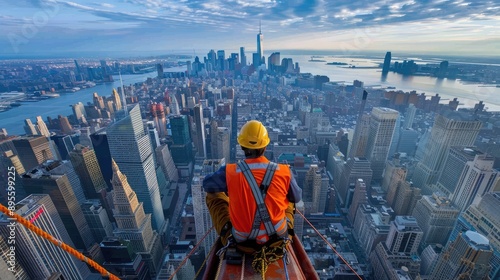 A construction worker sits on a beam overlooking NYC. This photo is ideal for illustrating concepts of urban development, construction, and risk. photo