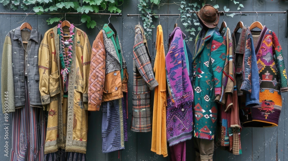 A wall of colorful jackets and coats hanging. These various garments are perfect for showcasing fashion trends, vintage style, or a bohemian lifestyle. A wall of colorful jackets and coats hanging. These various garments are perfect for showcasing fashion trends, vintage style, or a bohemian lifestyle.