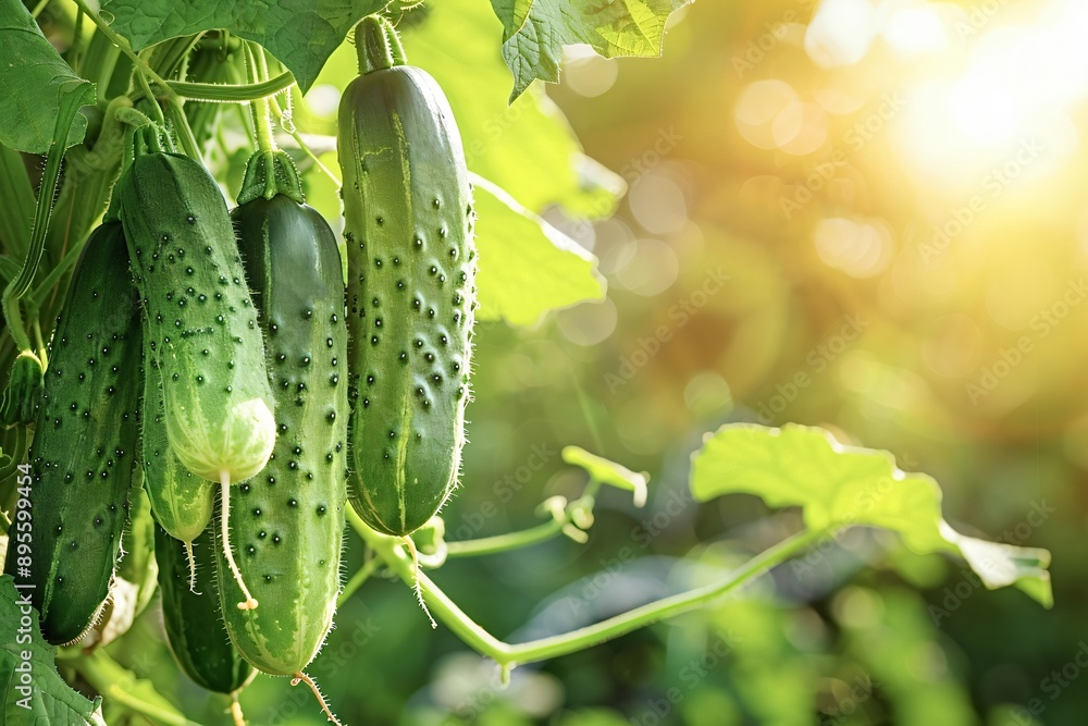 Fresh cucumbers are growing on the vine in a garden, illuminated by warm sunshine Fresh cucumbers are growing on the vine in a garden, illuminated by warm sunshine