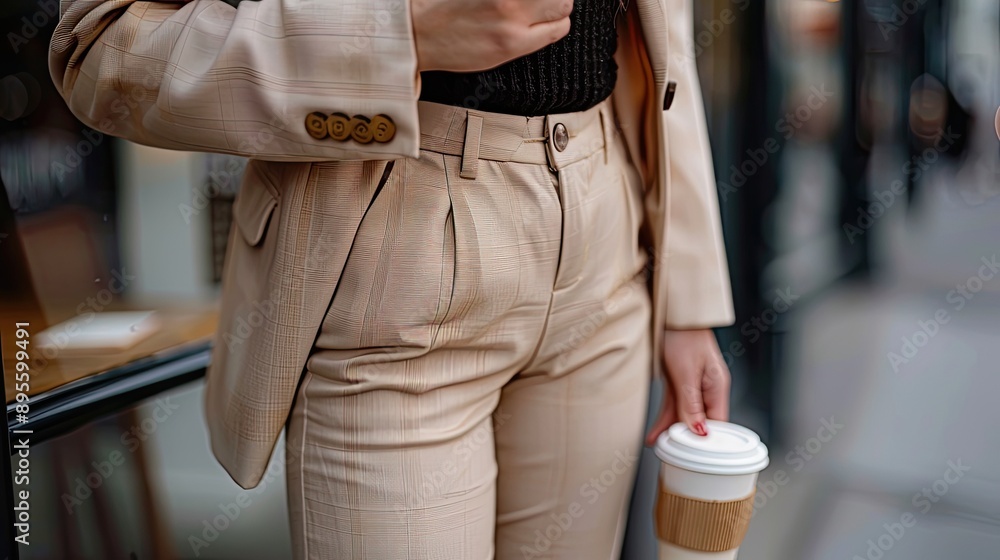 A woman in a beige suit holds a coffee cup. This image is perfect for websites or advertisements showcasing fashion, coffee, or urban lifestyle. A woman in a beige suit holds a coffee cup. This image is perfect for websites or advertisements showcasing fashion, coffee, or urban lifestyle.