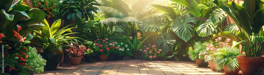 Fototapeta premium Sunshine and gardening tips for vibrant plants and outdoor landscapes, showcasing sunny gardening techniques in a green and flourishing style