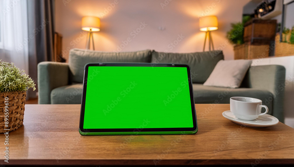 A digital tablet with a green screen placed on a coffee table in a cozy living room, perfect for showcasing home applications or entertainment content. A digital tablet with a green screen placed on a coffee table in a cozy living room, perfect for showcasing home applications or entertainment content.