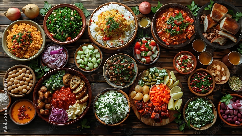 Crystal-clear shot of a vibrant Mediterranean mezze spread, various dishes, rustic table, Crystal-clear shot of a vibrant Mediterranean mezze spread, various dishes, rustic table,