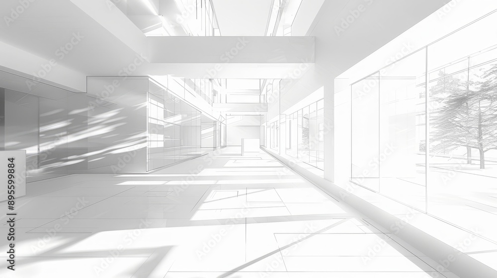 © Studios - minimalist white architectural sketch of modern building interior perspective view