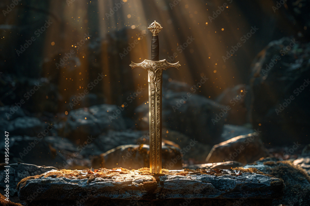Obraz premium A gleaming sword resting on a stone pedestal, bathed in soft light, evoking a sense of ancient power and craftsmanship. Suitable for historical and fantasy themes.