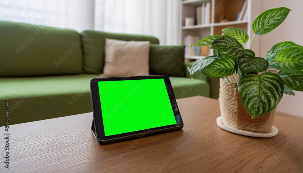 Fototapeta premium A digital tablet with a green screen placed on a conference table during a business meeting, perfect for showcasing presentations or business applications.