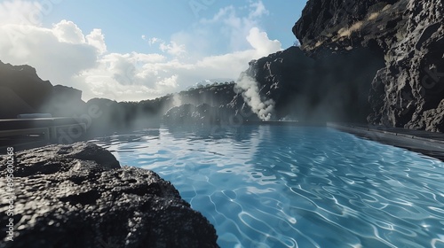 pool in a volcanic landscapeblack lava rocks nearbysteam rising from hot springs photo