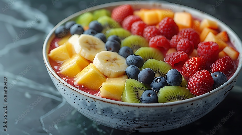 Tack-sharp photo of a colorful smoothie bowl, fruit toppings, marble background, Tack-sharp photo of a colorful smoothie bowl, fruit toppings, marble background,