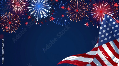 The American flag is waving in the wind with colorful fireworks blooming on it The background color of the banner includes red and blue tones