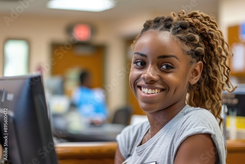 Smiling woman in office setting. Great for website design, work, or employee content.