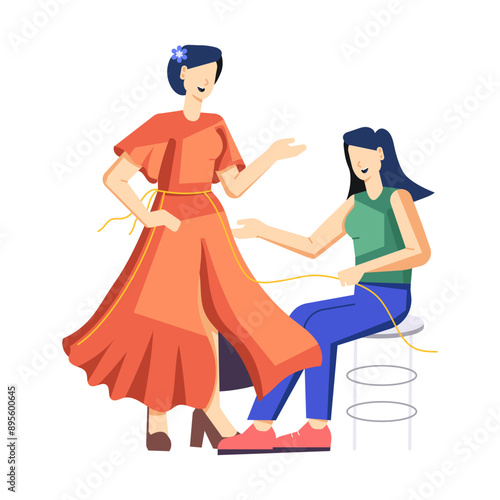 A flat style illustration of dress fitting 

