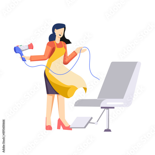 A flat illustration of hair artist holding blow dryer 

