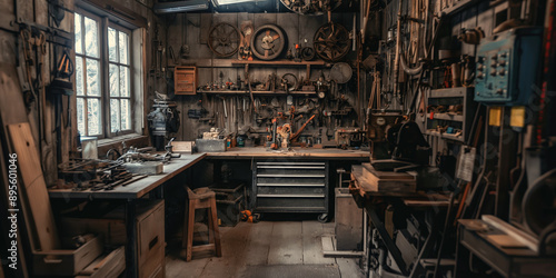 Cozy Rustic Workshop with Vintage Tools and Wooden Furniture