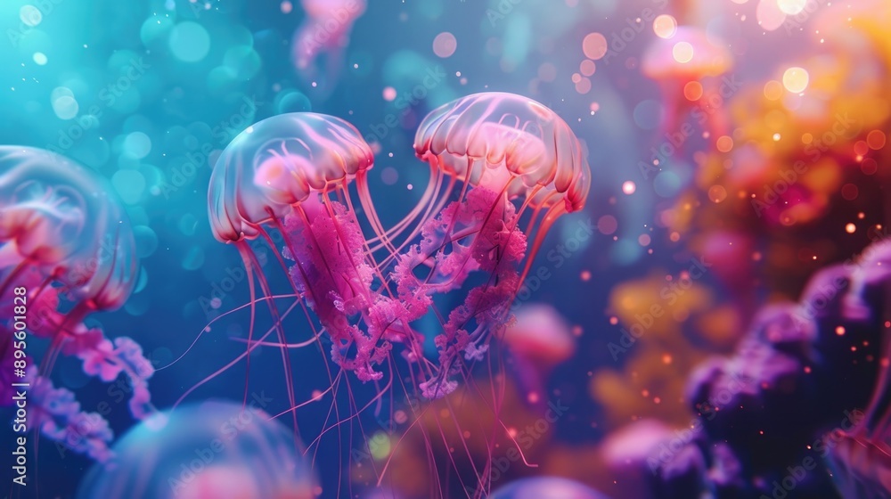 Naklejka premium Jellyfish glow with colorful lights, hyperrealism, pattern, banner, place for text